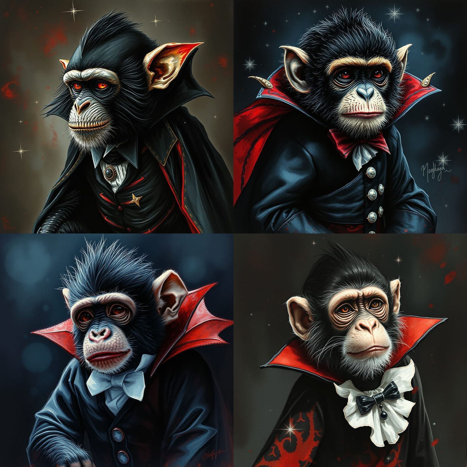 (Vampiric monkey1.9) wearing a Dracula costume. Alcohol_ink, Oil paint