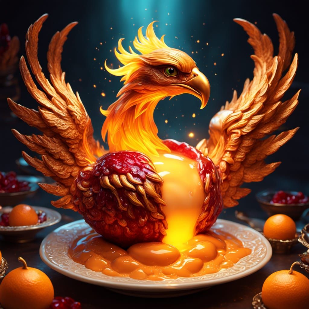fiery dessert shaped like a phoenix made from molten sugar, wings of caramelized flame rising from the bowl, golden sparks drifting upward, ...