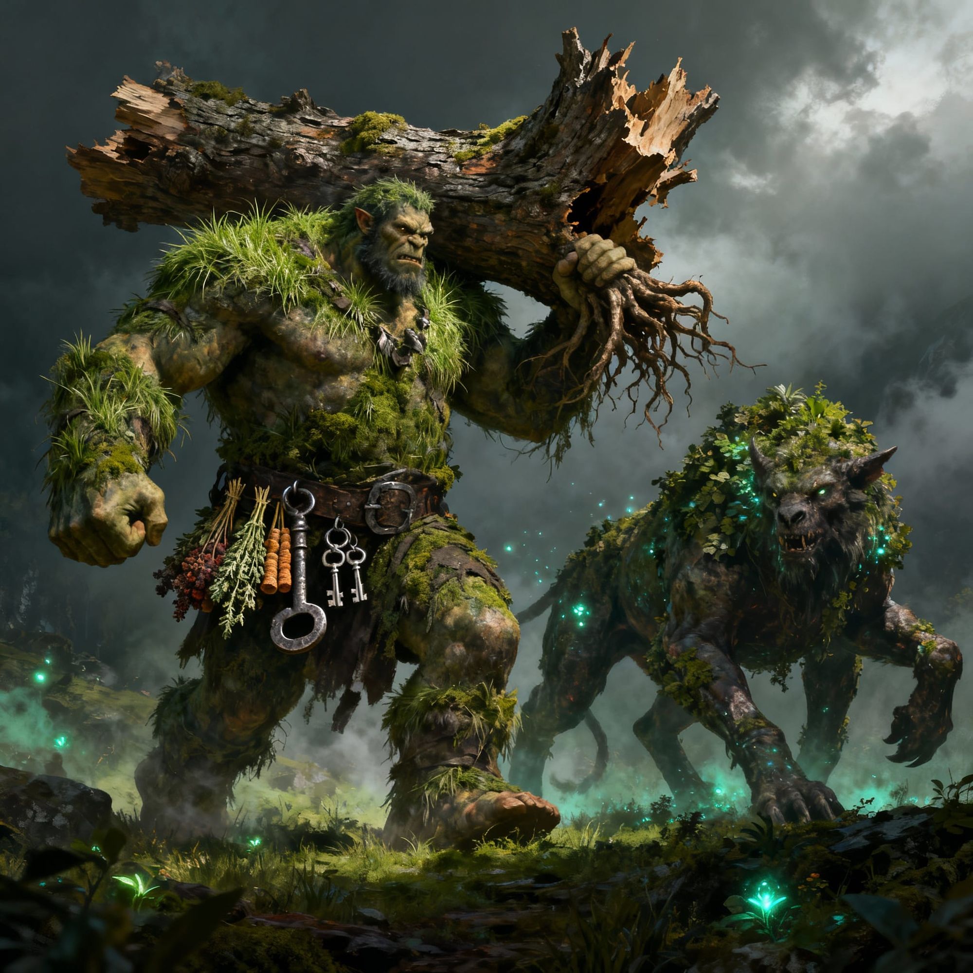 A massive, heavy-built troll completely overgrown with grass and moss from head to toe, towering and primal. In his right hand he holds the ...