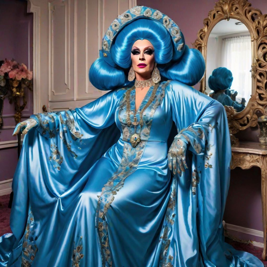 Satin Wonderland of Sissy Dresses and Wigs and Gloves and Makeup Mirrors. Poofy Extravagant Ultra Femme Drag Queen weari...