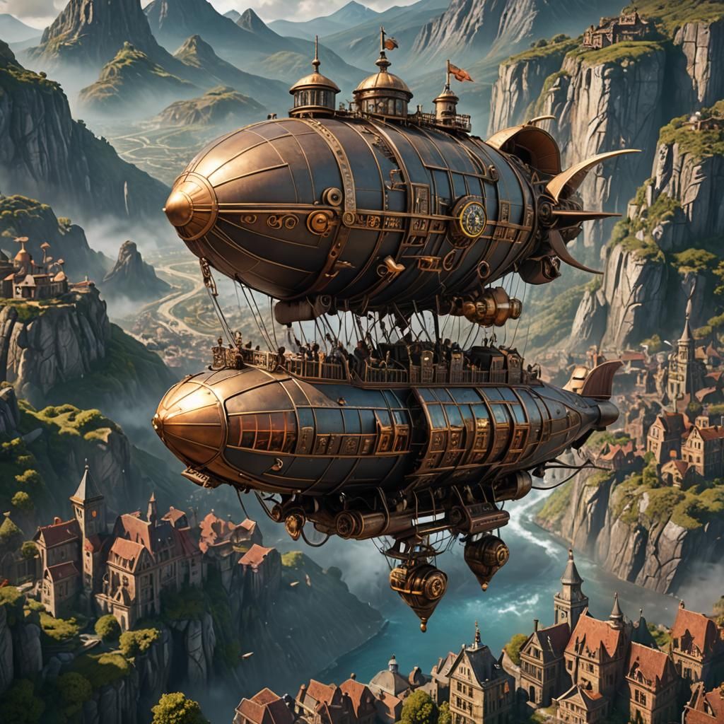 hyper realistic ornately decorated steampunk airship flying ...