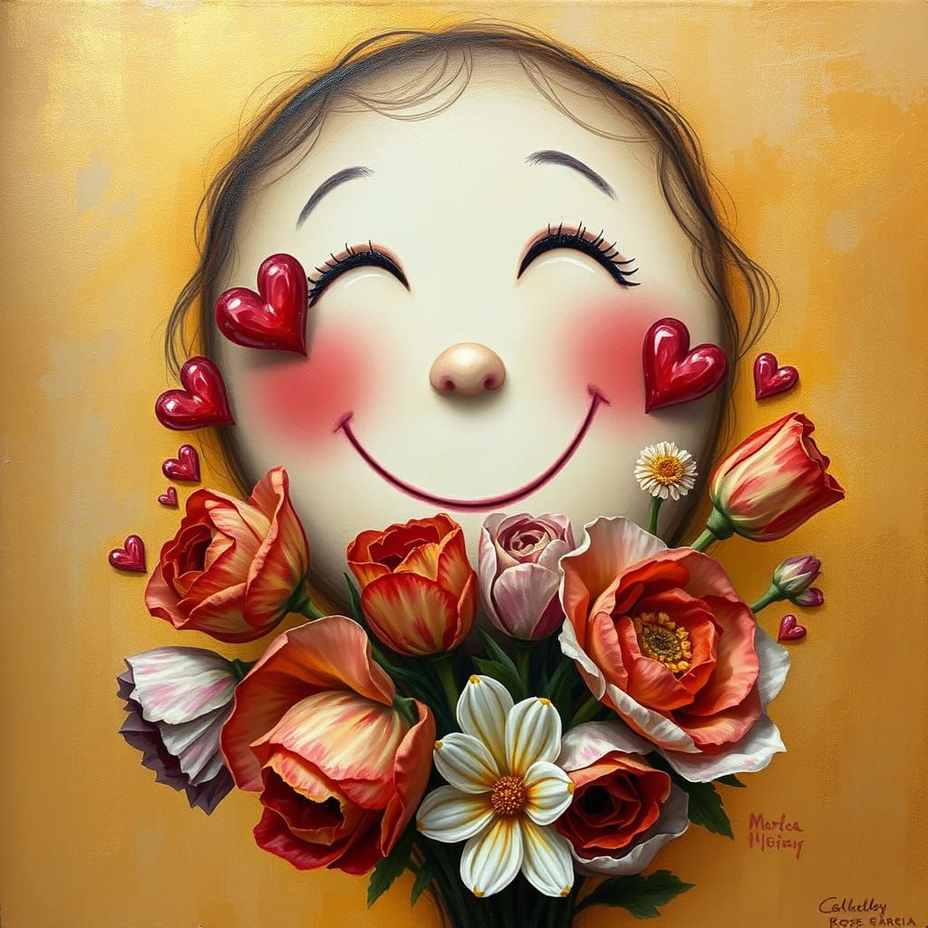 Impressionist Floral Portrait with Hearts and Delicate Brush...