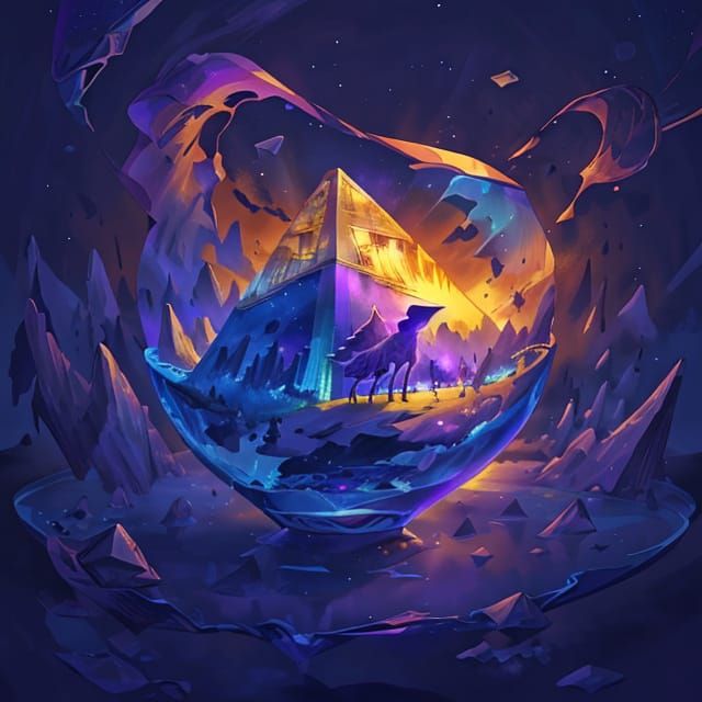 <lora:Glass and Light:1.0> Digital painting. A colossal, ancient pyramid floats serenely in the void of deep space, bathed in the soft, ethe...