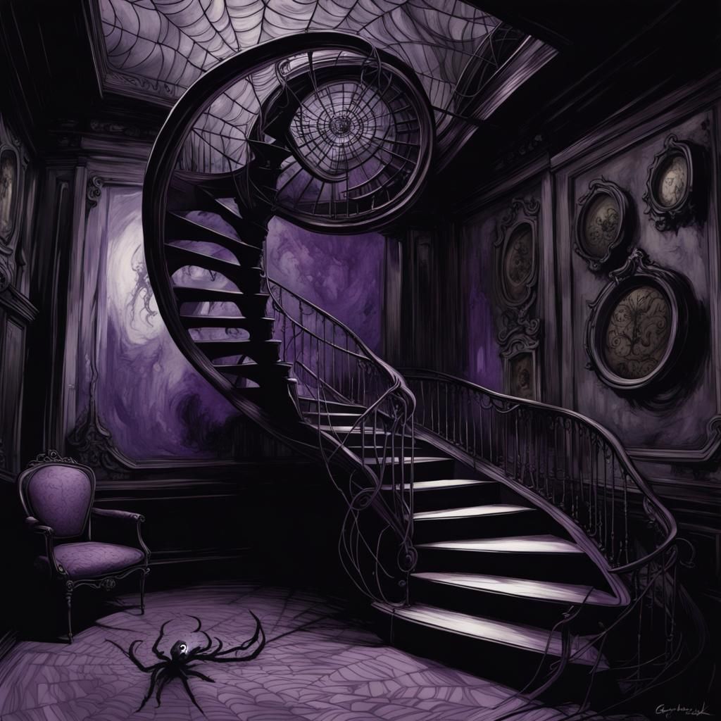 Tim Burton style spiral staircase spiderweb horror Gustave Doré Greg Rutkowski purple and black and spiderwebs ...  by @twotrees