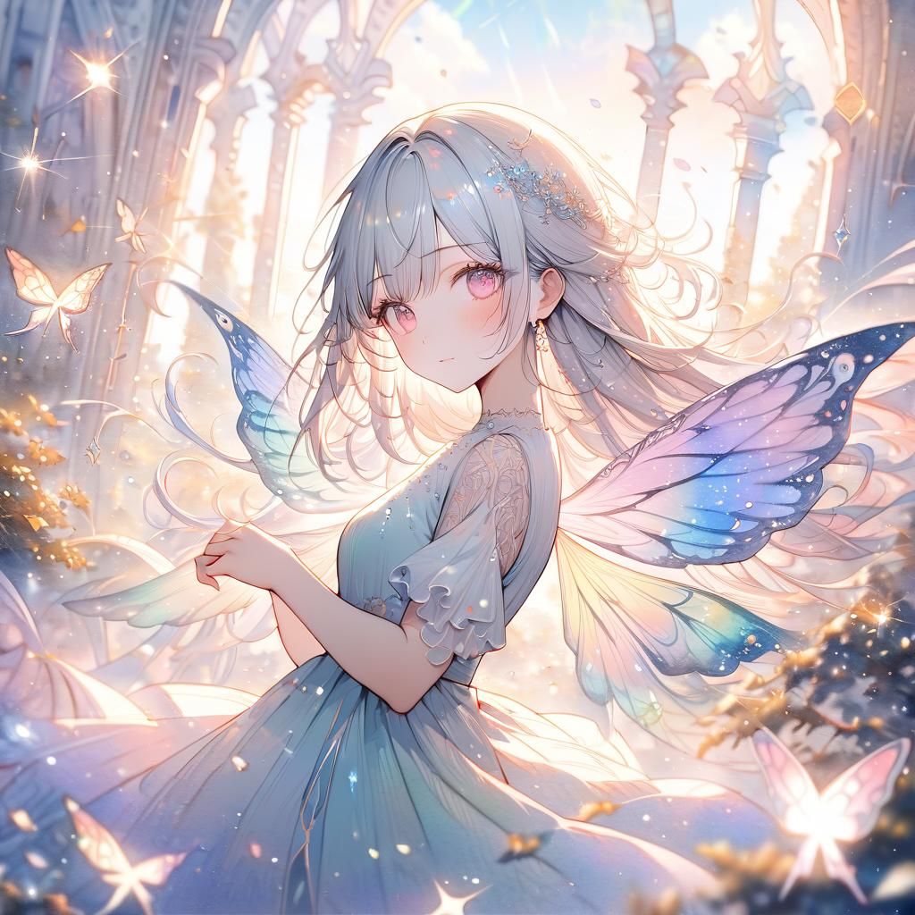 Fantasy Girl with Butterfly Wings in Pastel Colors