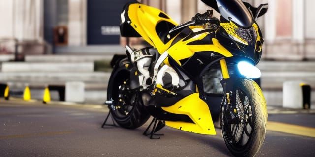 A full portrait of a full sized yellow and black Ducati mort...