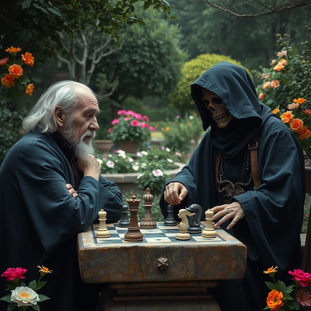 Grim Reaper playing chess with elderly man, garden  by @Ed Evans