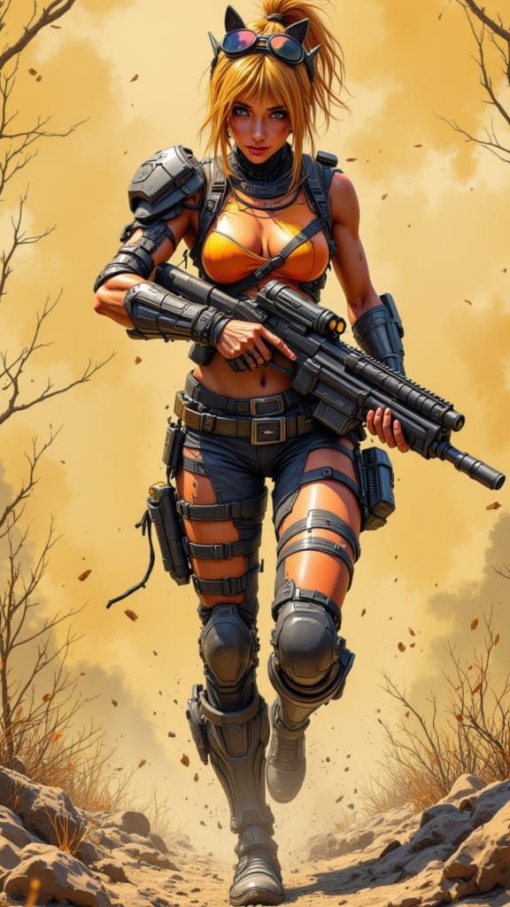 <lora:Cyberpunk Girls:1.0>running with a gun, hd style sketch drab background, hyperdetailed character borderlands vixen style