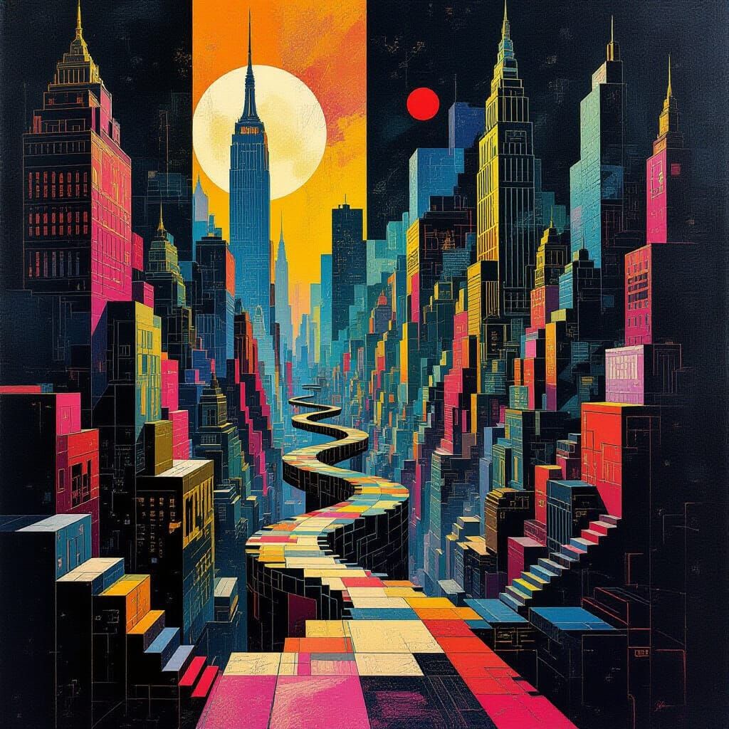 Dürer style Mathematical and cubist art technique melting in futuristic Sin City.. trespass.. Dürer with vivid colours geometry & geometric....