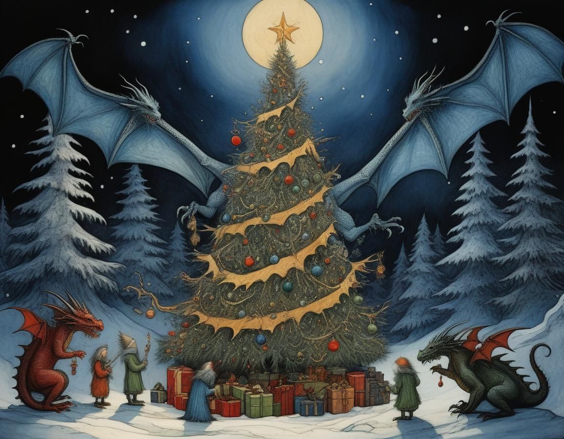 Dragons Decorating Christmas Tree in Whimsical Winter Wonder...