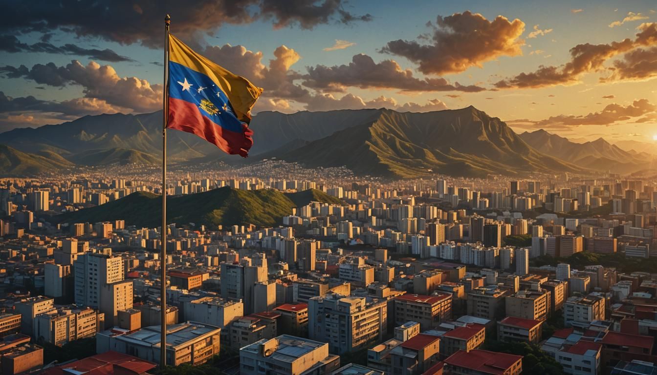A panoramic view of Caracas at sunset, with a dark, ominous ...