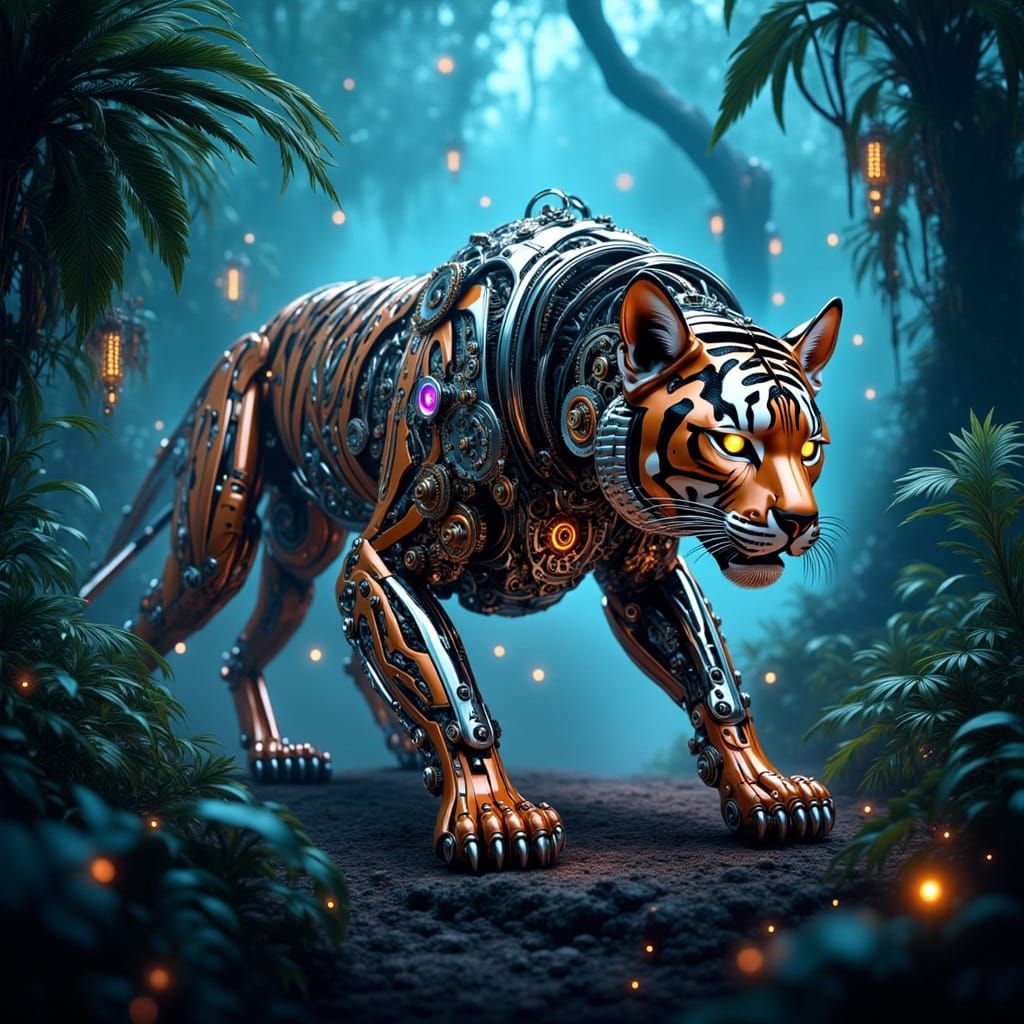 M30W. 3.0 : <lora:mechanical:1.0> A majestic tigress with intricate clockwork gears seamlessly integrated into her fur, prowling through a dense, biolum...
