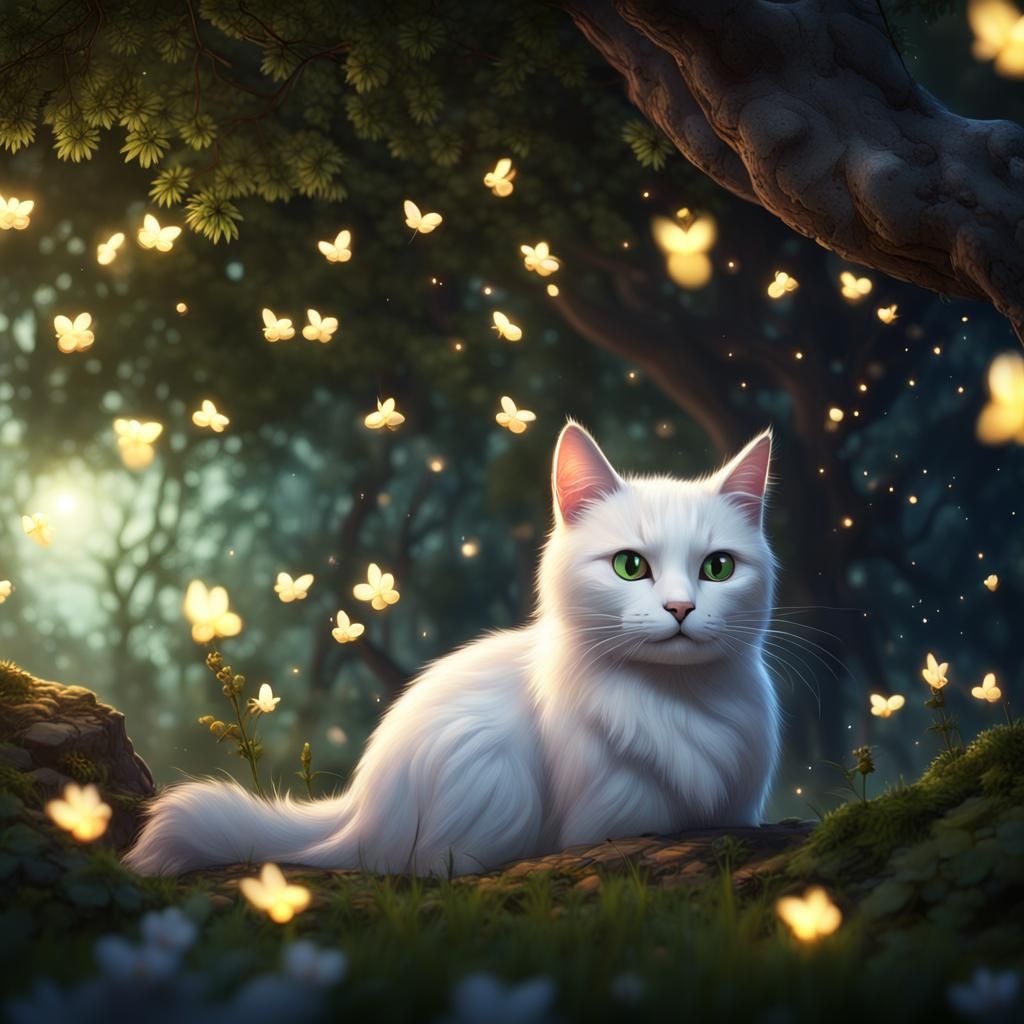 Cute White Cat Shelters Under Tree at Night