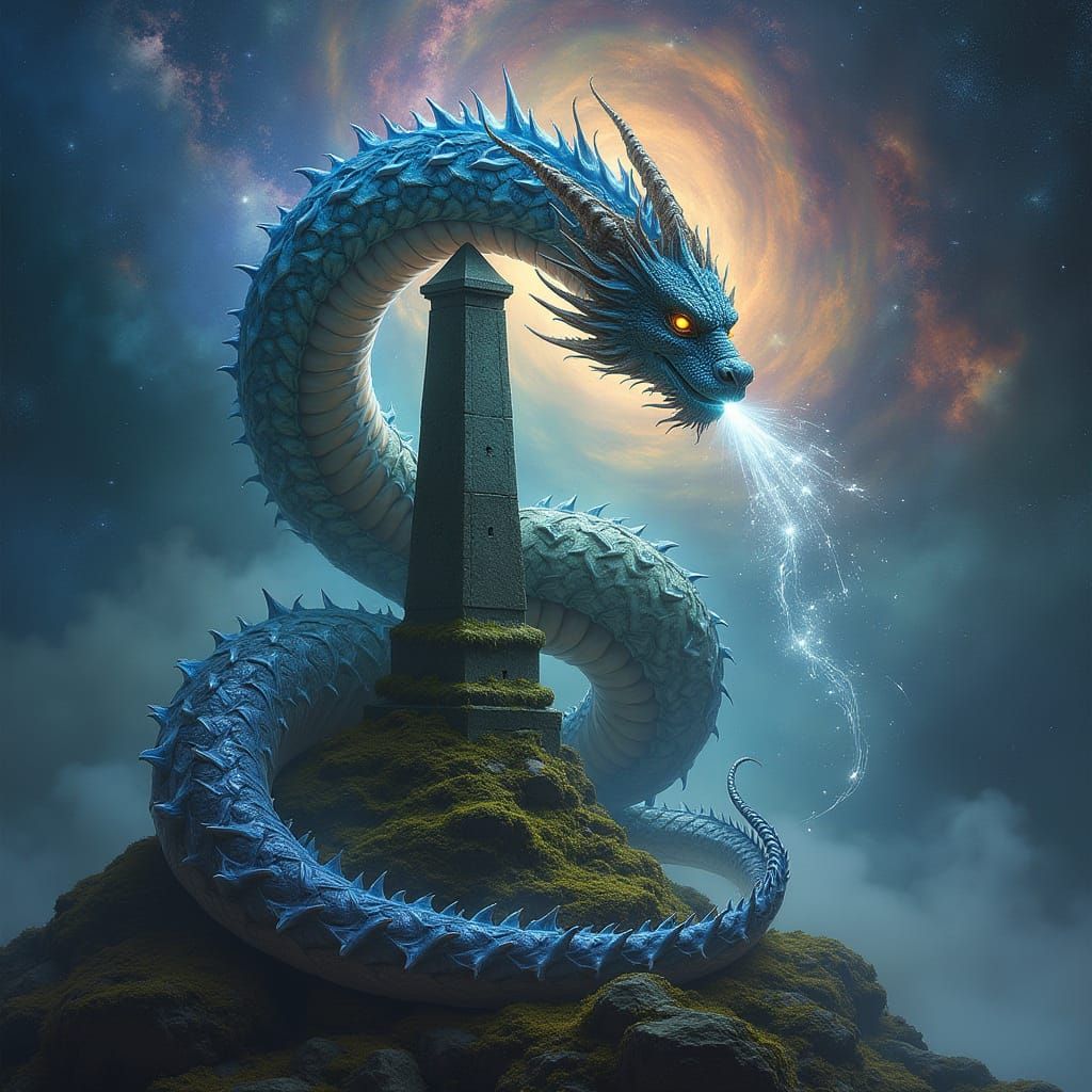 A celestial dragon coils around an ancient, moss-covered obelisk, its scales shimmering with starlight, set against a backdrop of swirling n...