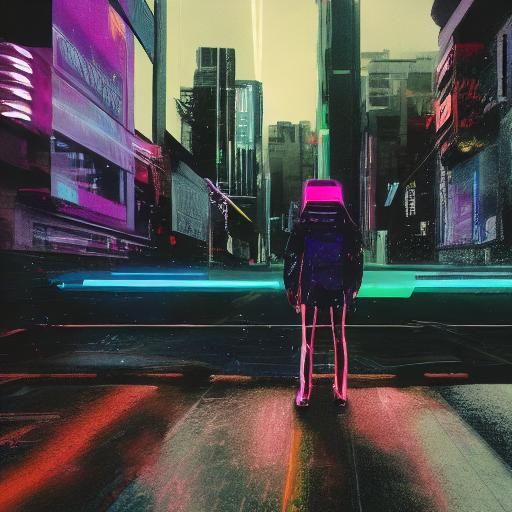 <lora:The Broken 90s SD15:0.7>
Medium shot of a female sci-fi protagonist in a cyberpunk city on a rainy evening. 1990's style bootleg sci-f...