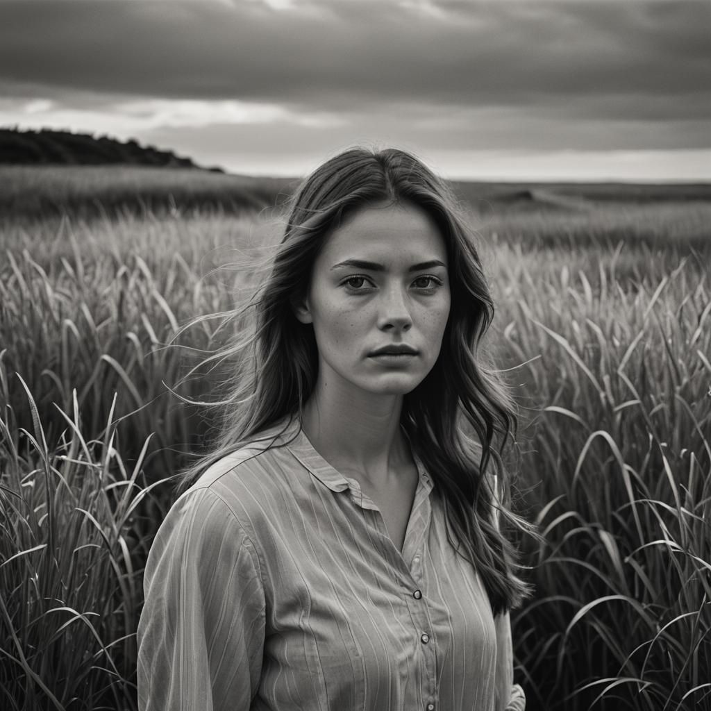 a young woman standing in the grass