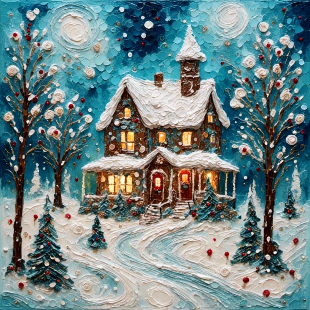<lora:Textured-Impasto:1.0> A fantastically detailed gingerbread house in a snowy winter wonderland, with candy cane trees and a gumdrop pat...