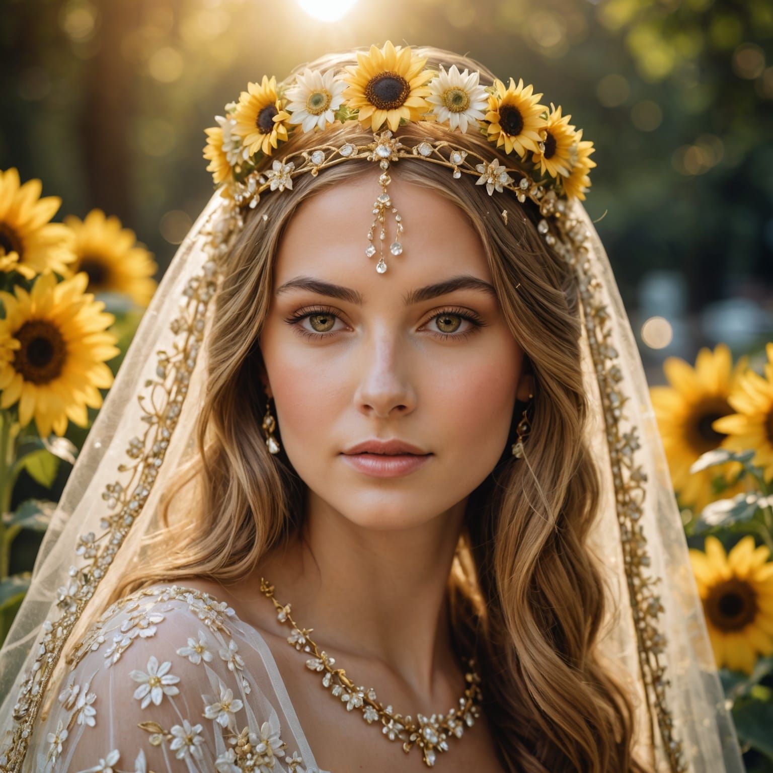A golden tiara, adorned with white and yellow crystal daisie...