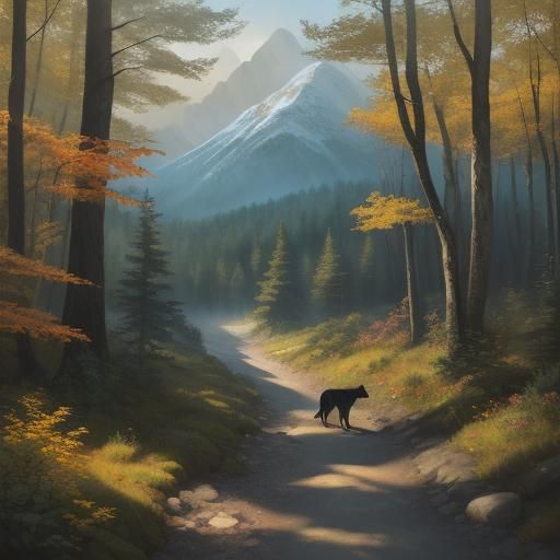 Mountain Dog Companion: Vibrant Oil Painting Landscape