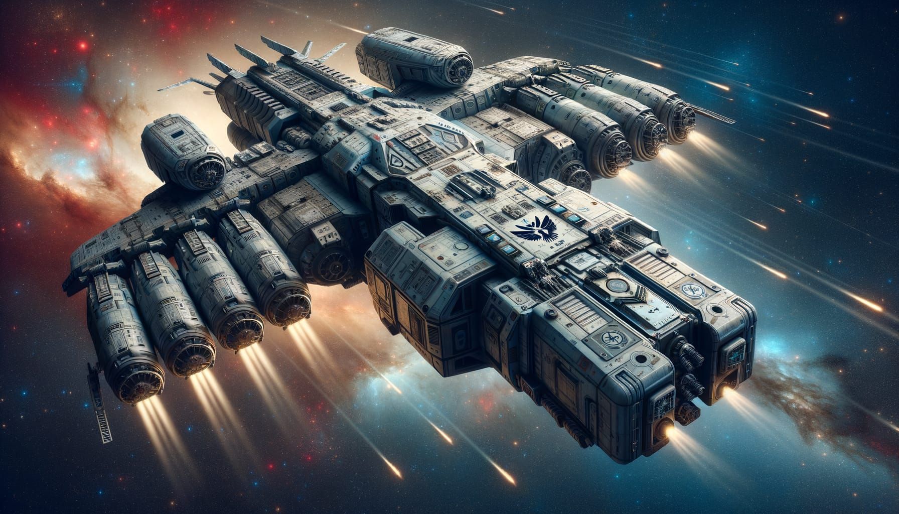 The image depicts the Battlestar Galactica, a massive, heavily-armed starship with a rugged, industrial design. Its hull is adorned with gun...