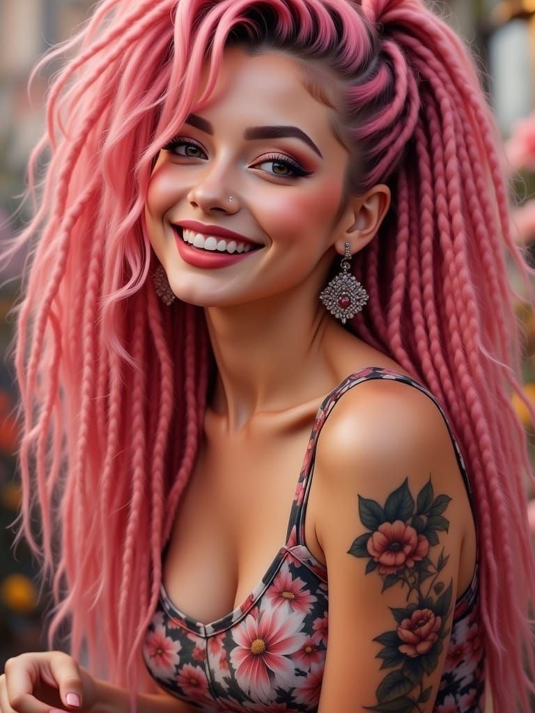 <lora:Pinup flux:1.0> Waist up portrait of beautiful smiling hipster girl with stylish pink dreadlocks, smooth beautiful skin, stylish hipst...