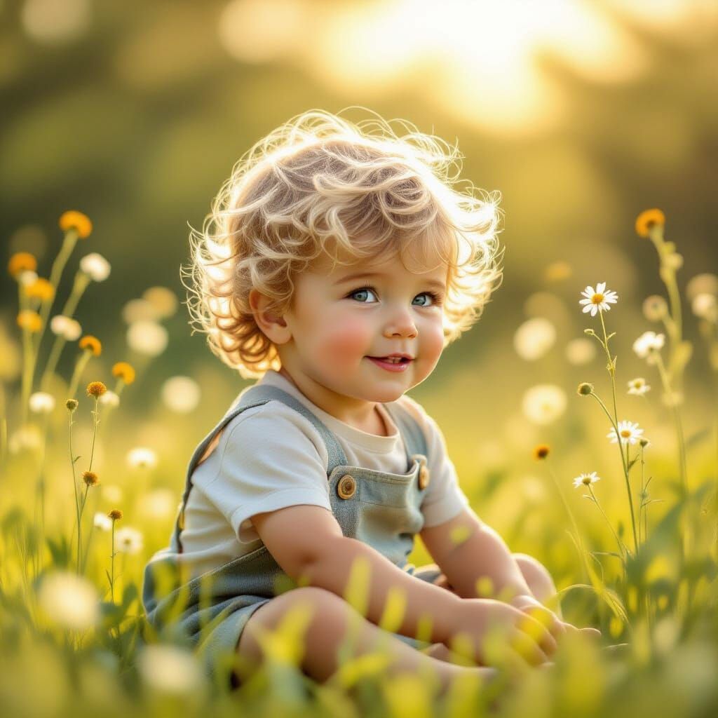 Joyful Toddler with Blonde Curls in Sunny Meadow