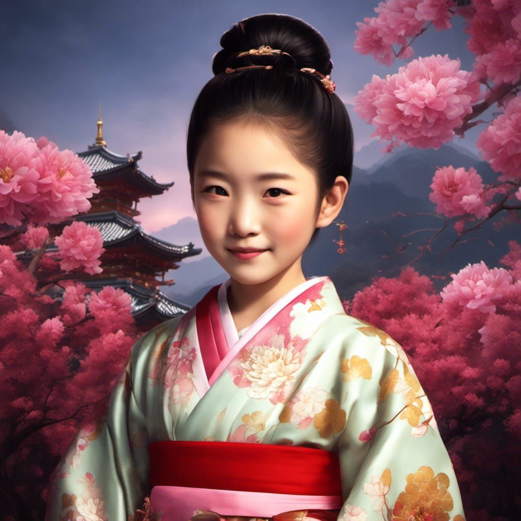 Little Japanese princess smiling with a bun and peonies in her hair and ...