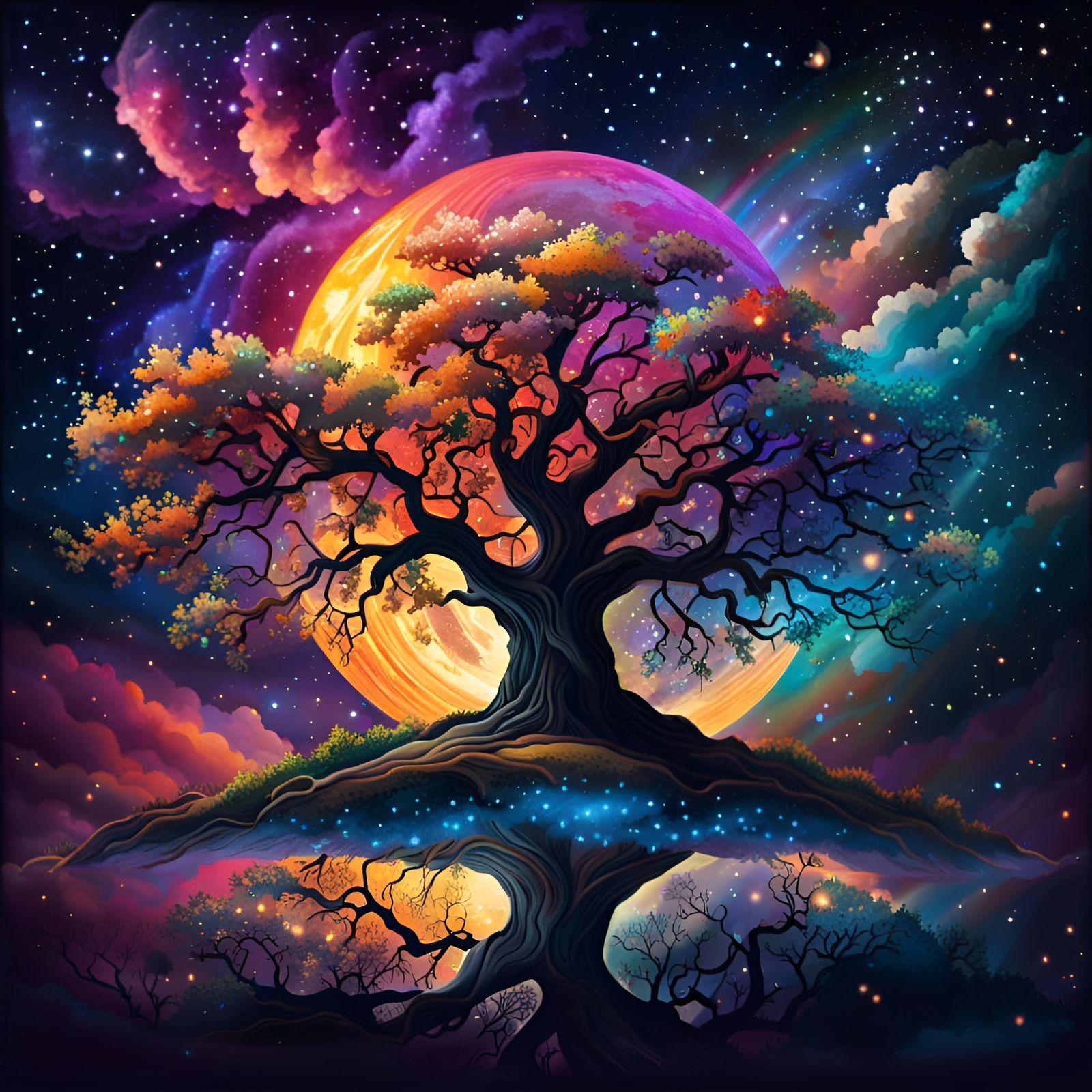 A magical tall oak tree with leaves made of rainbow clouds on a