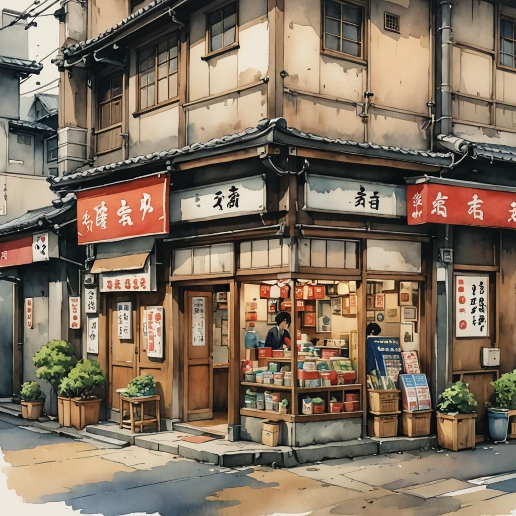 old style small Japanese shop, watercolor, sketchy lines