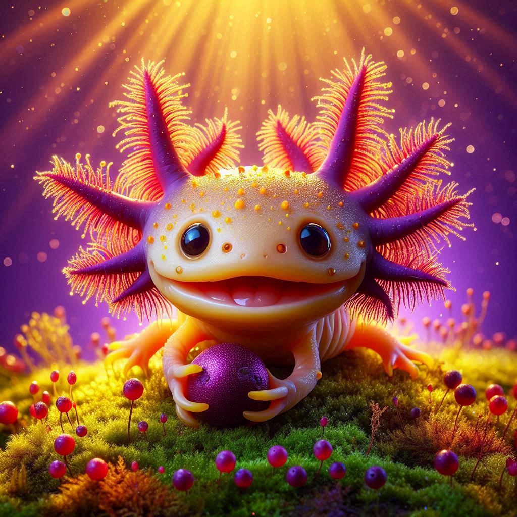 Concept art, medium shot. An adorable Murex axolotl-tortoise creature with big expressive eyes holds a berry. Its shell is made of many comp...