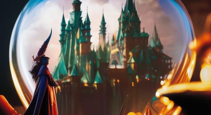 Evil witch looks at City inside crystal ball