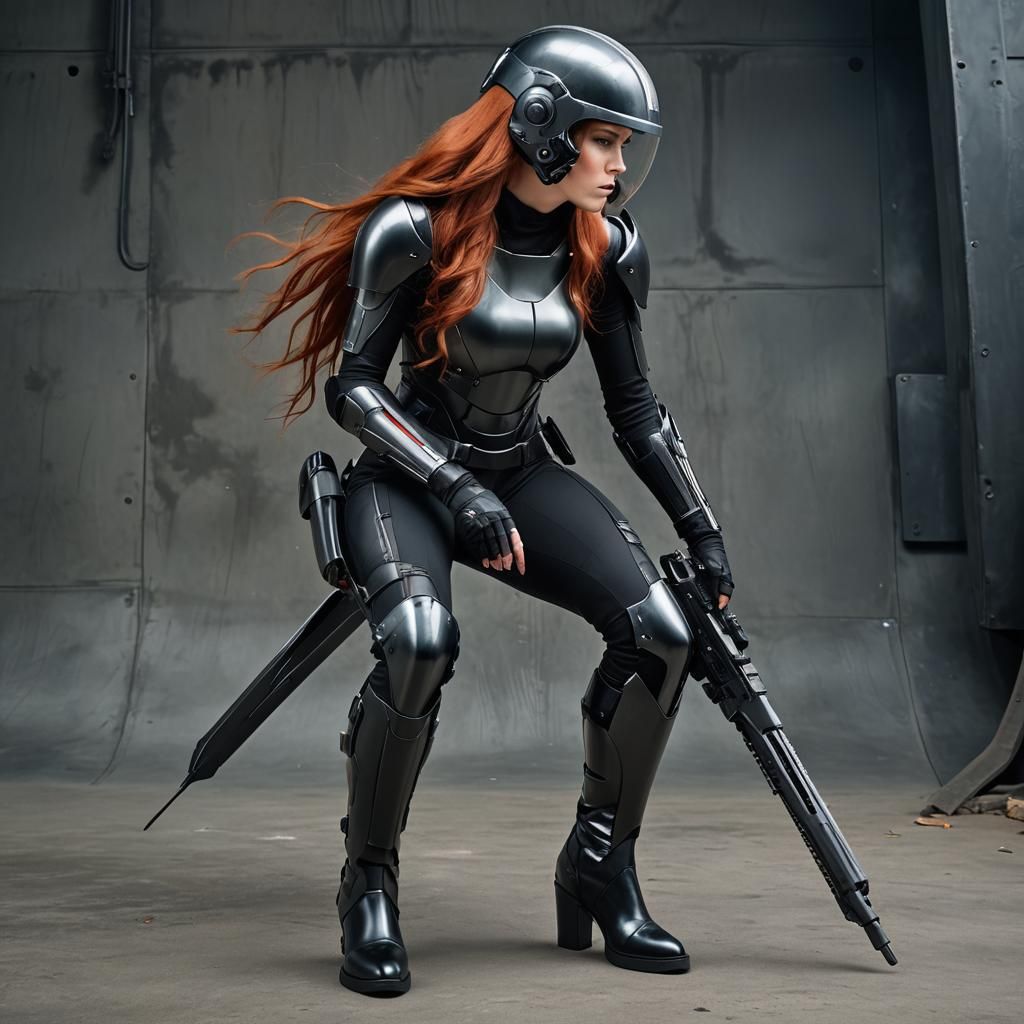 side view of a young woman with long red hair spilling out f...