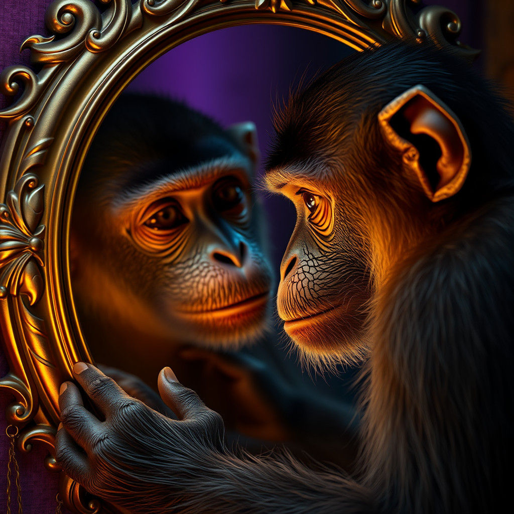 A monkey looking at his reflection in a mirror  by @graffouillator