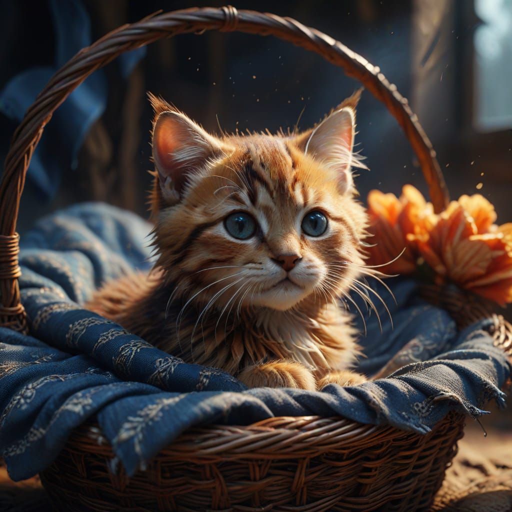 a very cute kitten wrapped in a blanket in a basket detailed matte painting, deep color, fantastical, ...  by @Emanu1