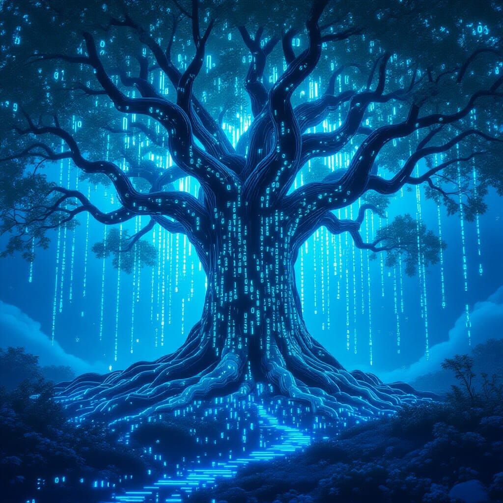 A majestic ancient tree, its bark intricately formed from glowing lines of binary code, with leaves that shimmer like digital data streams. ...
