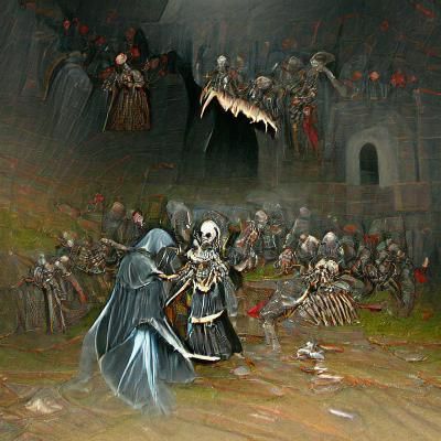 Necromancer with army of skeletons fighting paladins