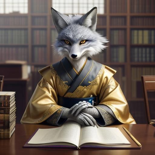 Anthropomorphic grey fox in a silver and gold kimono seated ...