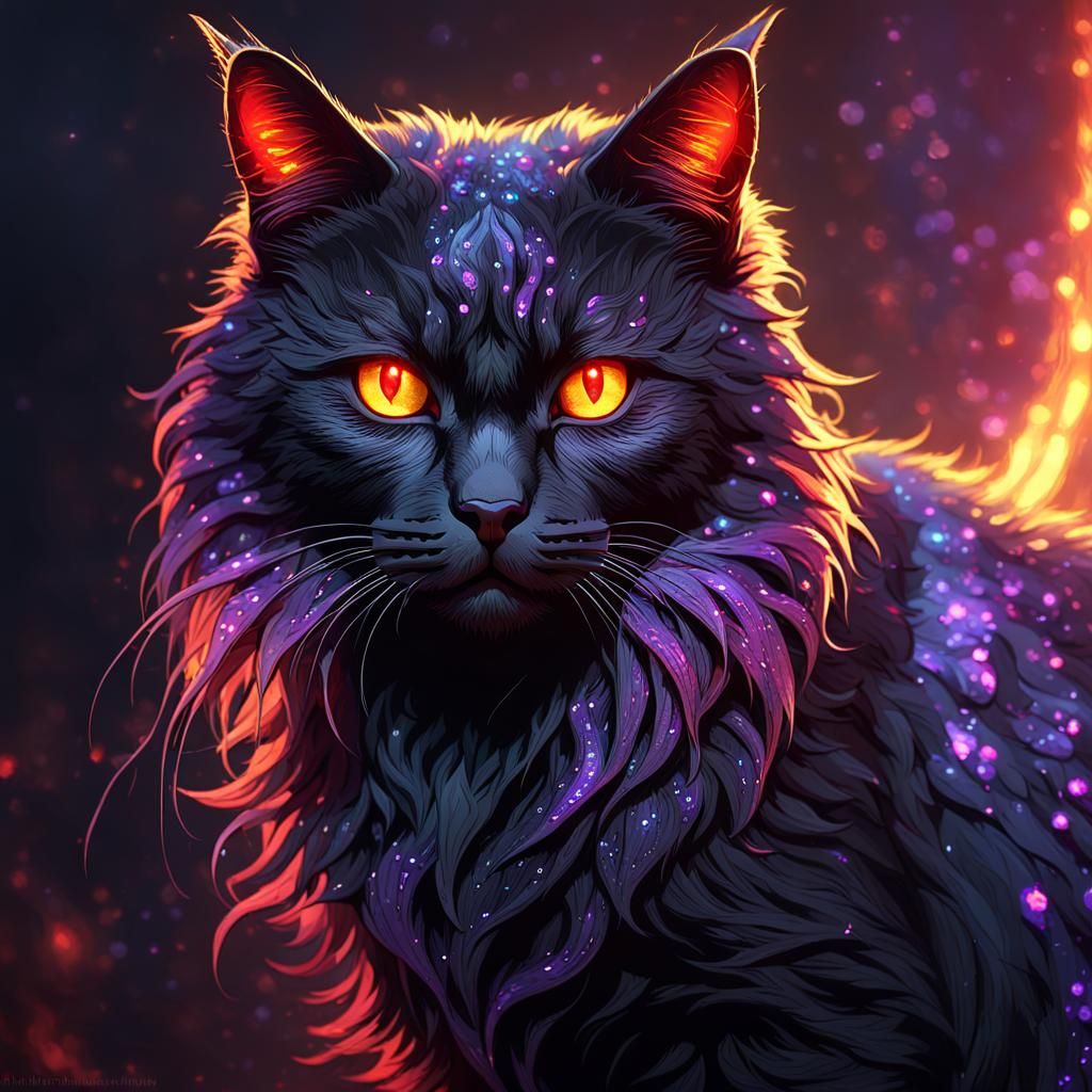 A black Sparkle hairs cat with creepy Red lighting eyes, With Long ...