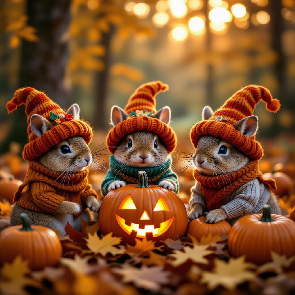 The woodland animals attend a Halloween party wearing intricately decorated pumpkin hats and beautiful ...  by @Naghshe Jahan