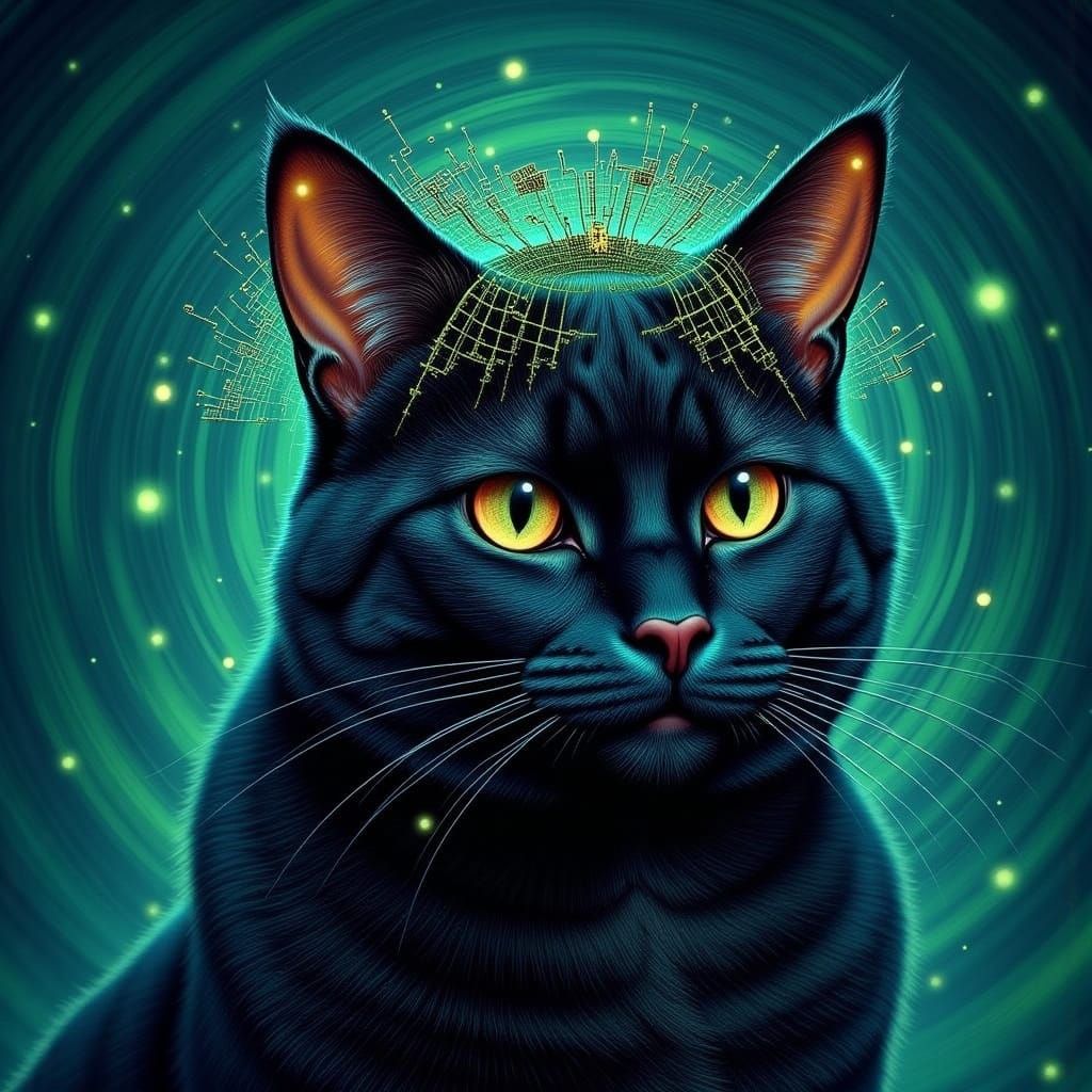 <lora:AnthroCat:1.0> An anthropomorphic  black cat adorned with a delicate, intricate tiara made of woven digital circuits and glowing data ...