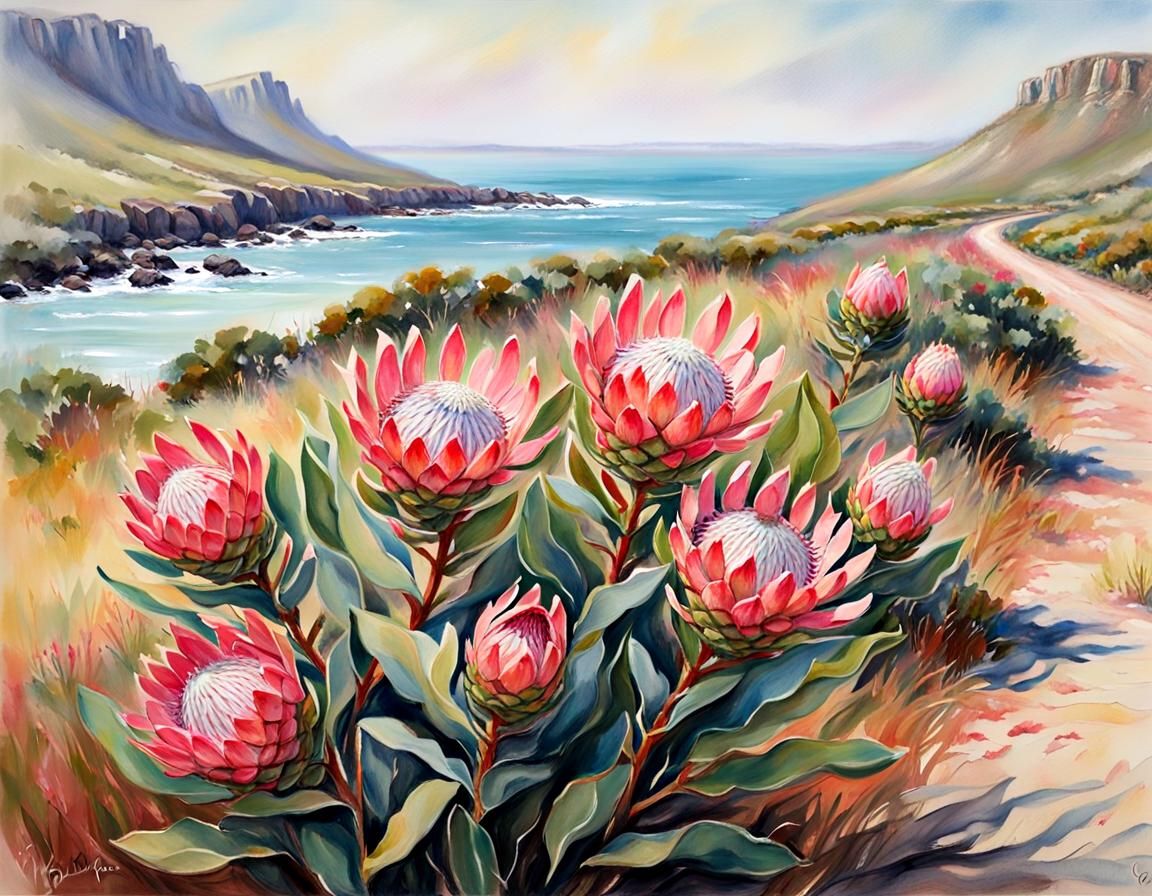 South African Protea growing alongside the coastal road