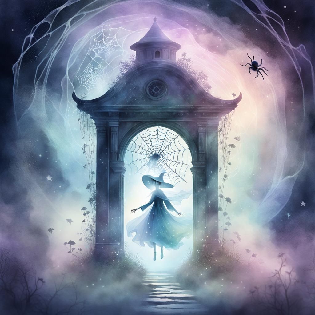 Mushroom Ghost Emerges from Portal in Watercolor Style