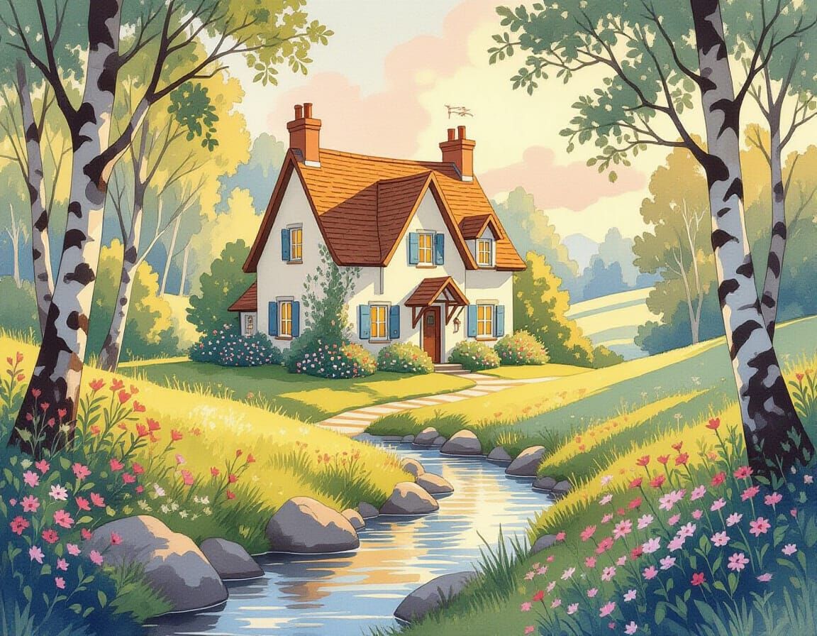 Dreamy Watercolor House in Golden Hour Nature