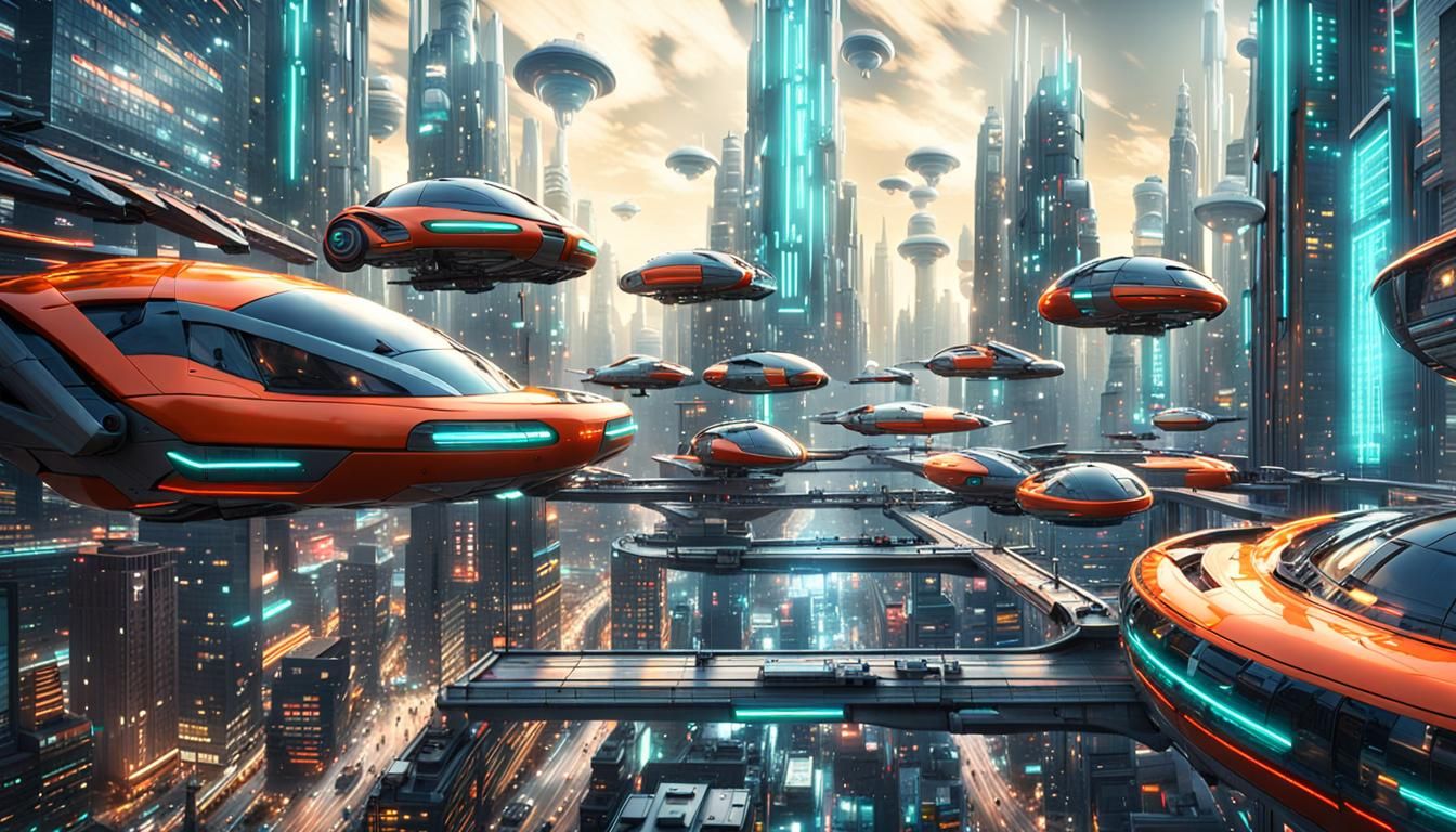 Futuristic sci-fi cityscape with flying cars, robots, cybernetic enhancements, ultra-modern materials, high-tech atmosphere, sleek and metal...
