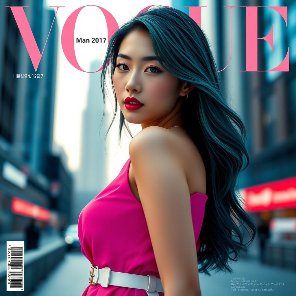 Create a high quality 16K photo of a Vogue magazine cover ti...