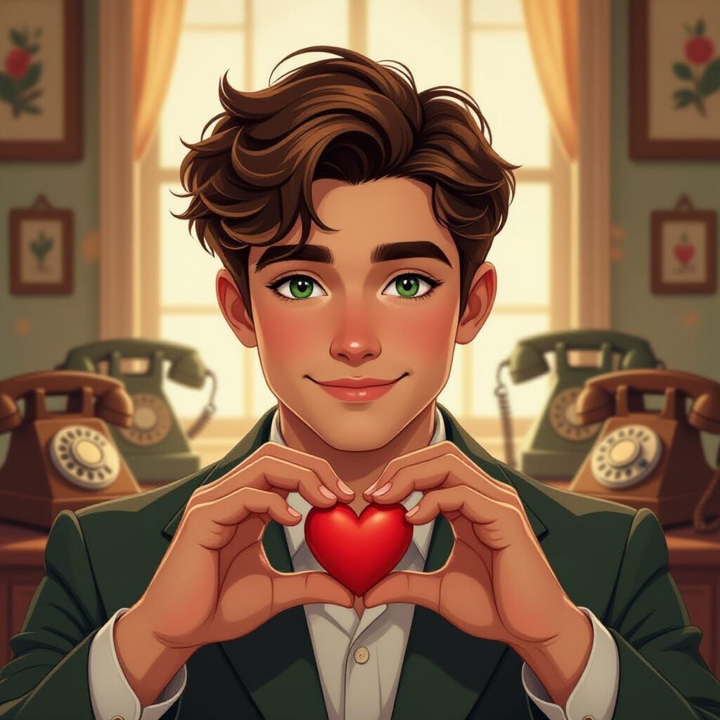 Man Forms Heart with Hands Amidst Vintage Telephones