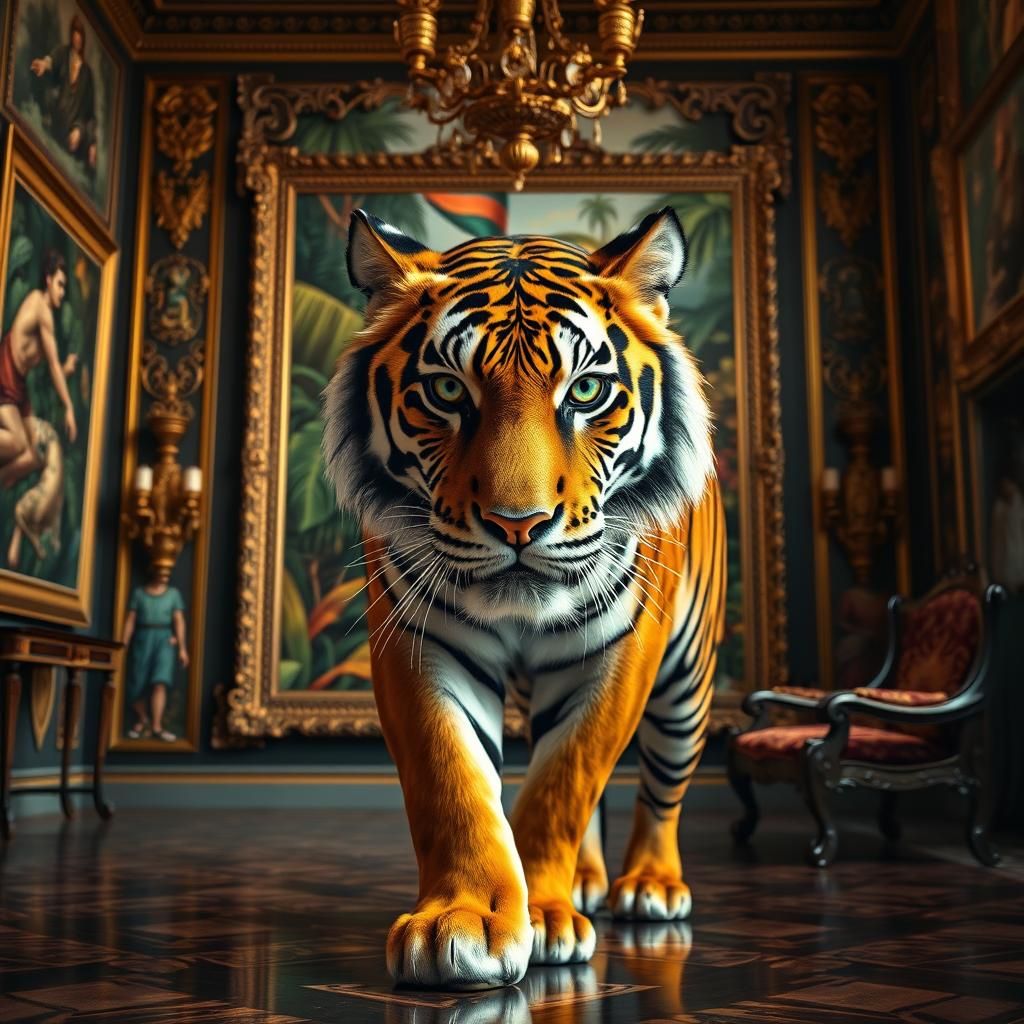 A surreal photograph of a tiger stepping out of an oil painting and into a room. The painting depicts ...  by @KrEiJ 