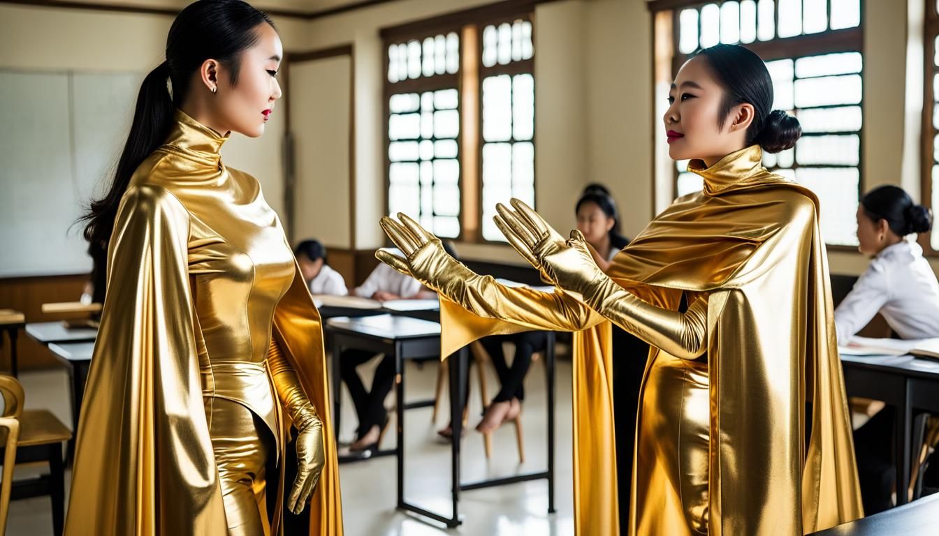 young Indonesian female royal teacher wearing gold reflectiv...