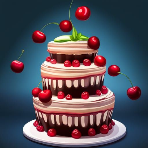big cake cherries apple chocolate Candy art style! Whimsical...