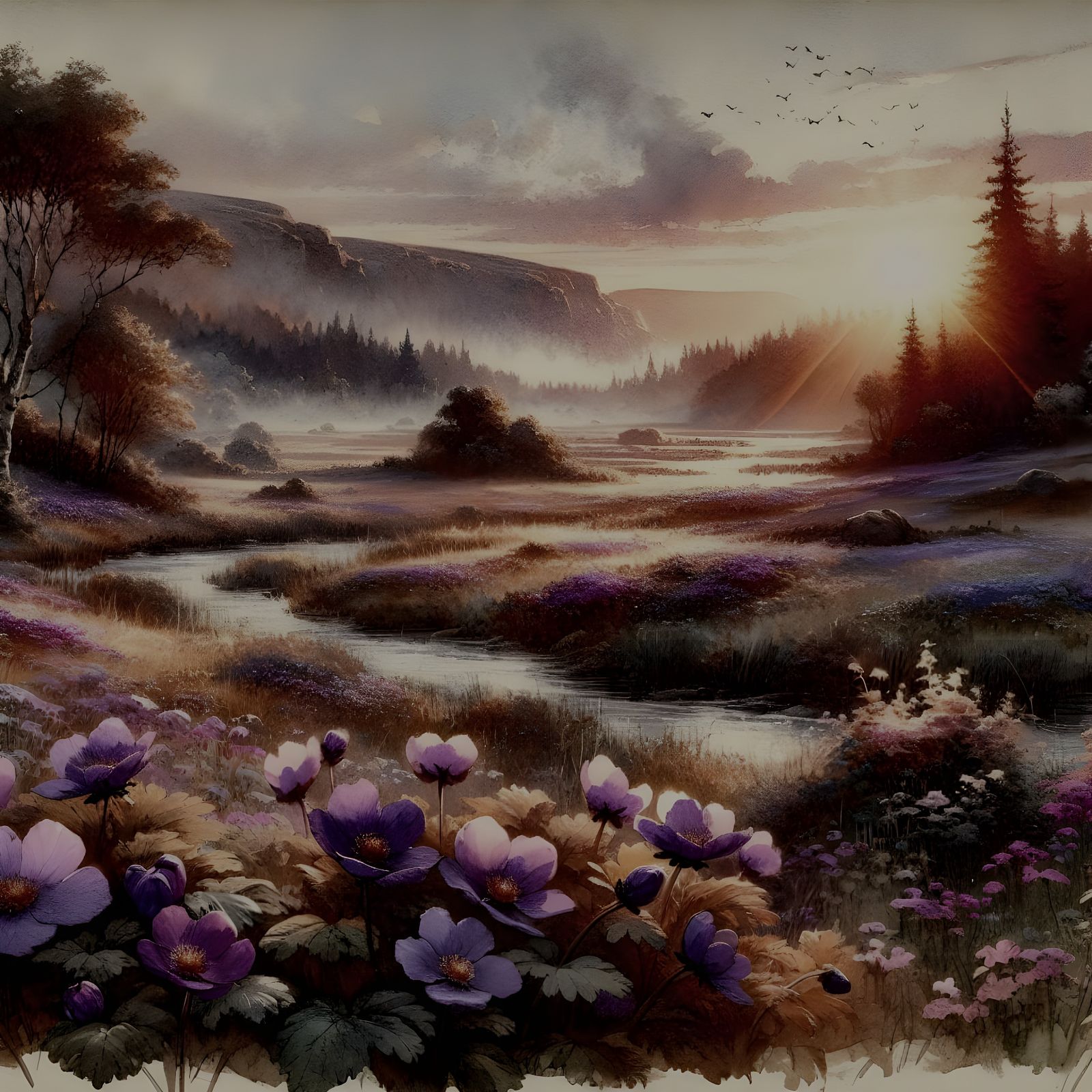 Radiant Meadow: A Watercolor Landscape at Sunset